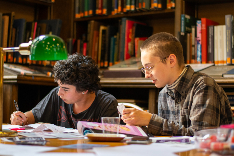 Two students studying in the library at a desk
