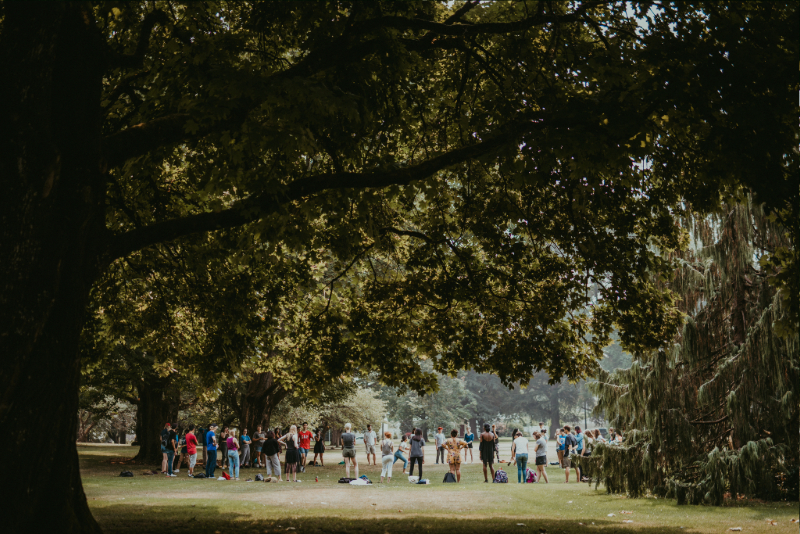 A group of students in the distance, surrounded by trees